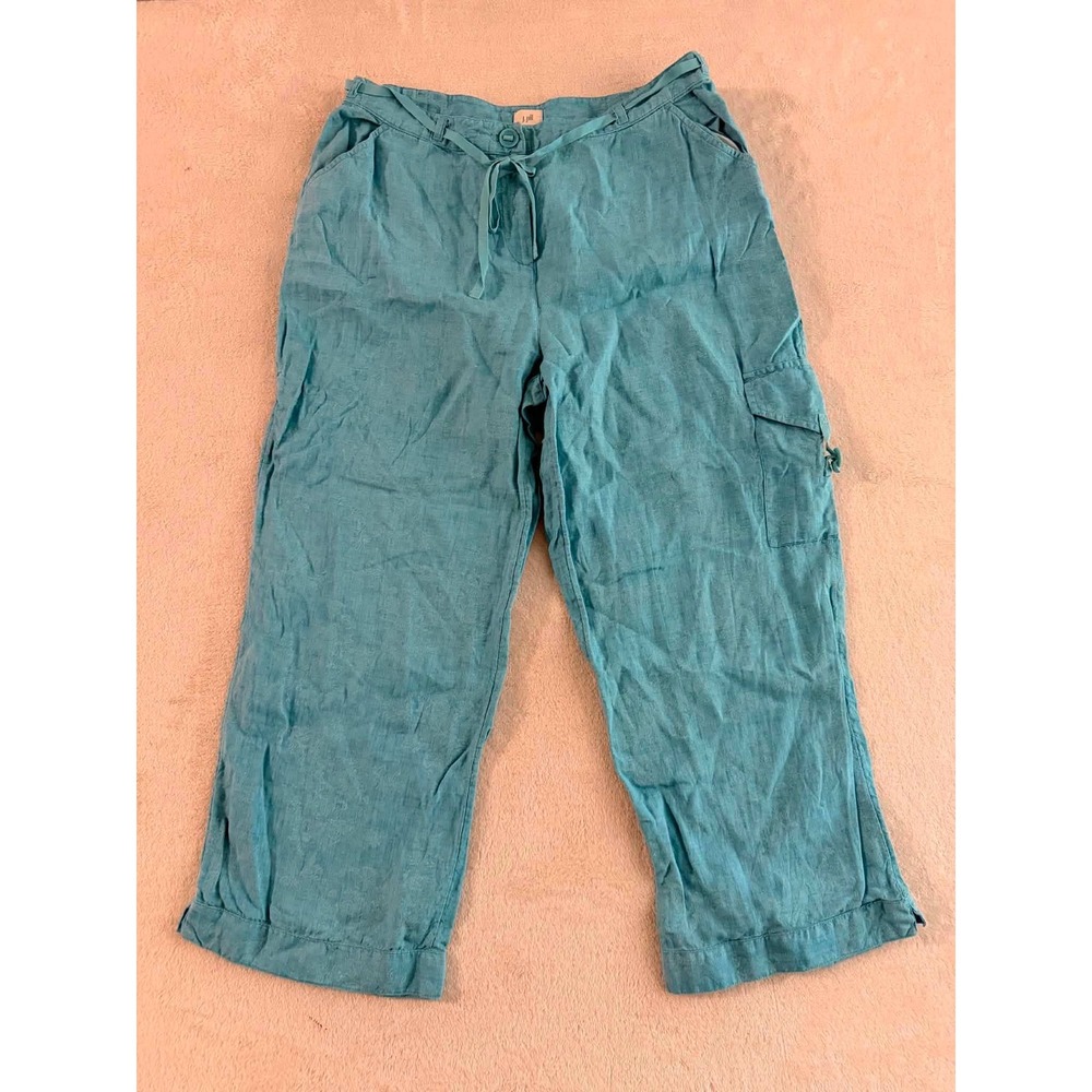 J. Jill Turquoise Blue 100% Linen Cargo Pants Womens Size 12 Drawstring Relaxed